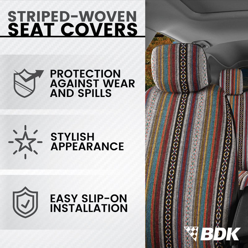 BDK Baja Saddle Blanket Car Seat Covers Full Set with Matching Steering Wheel Cover - Woven Saddle Blanket Seat Covers Mexican Blanket Seat Covers for Front & Back Bench - Fits Most Car, Truck, & SUV - Image 2